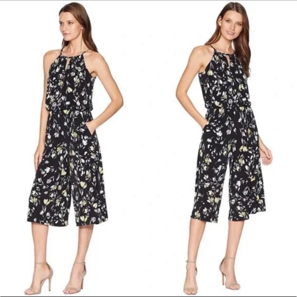 LONDON‎ TIMES BLACK FLORAL HALTER keyhole cropped jumpsuit. Size 8